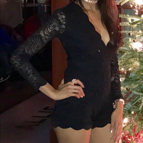 bebe Pants - Bebe black plunging neckline lace scallop romper